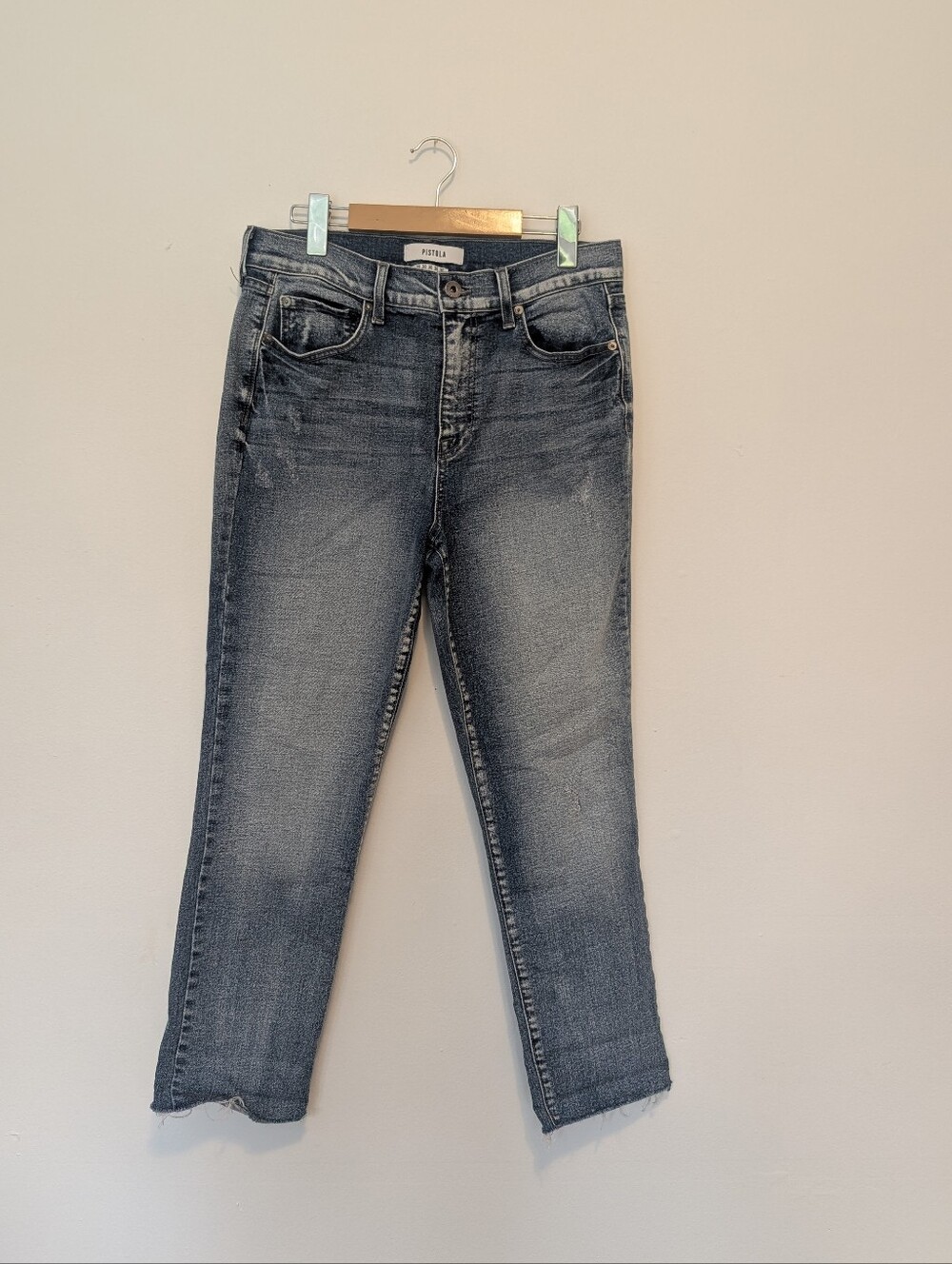 PISTOLA High Rise Straight Crop Jeans Raw Frayed Hem Distressed Denim Size 30